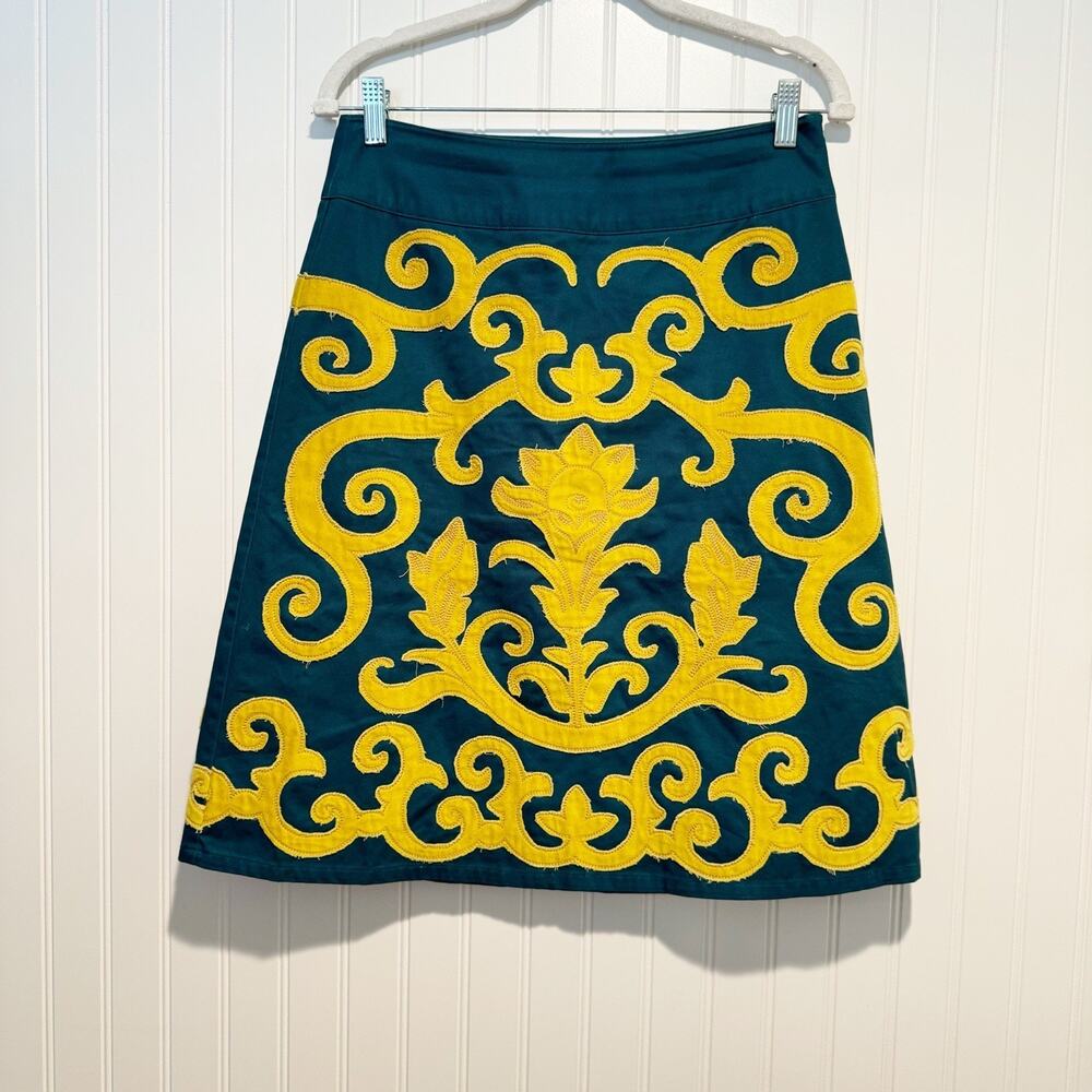 Boden Teal Cotton A Line Skirt Golden Yellow Appliqués Scrolls Size 10